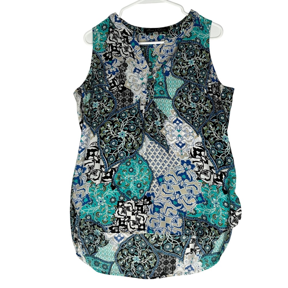 Rose & Olive Blues and Black Floral Print Sleeveless Blouse V-Neck Women's Sz Sm